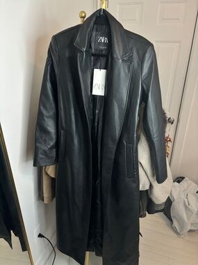 Zara Black Faux Leather Longline Coat
